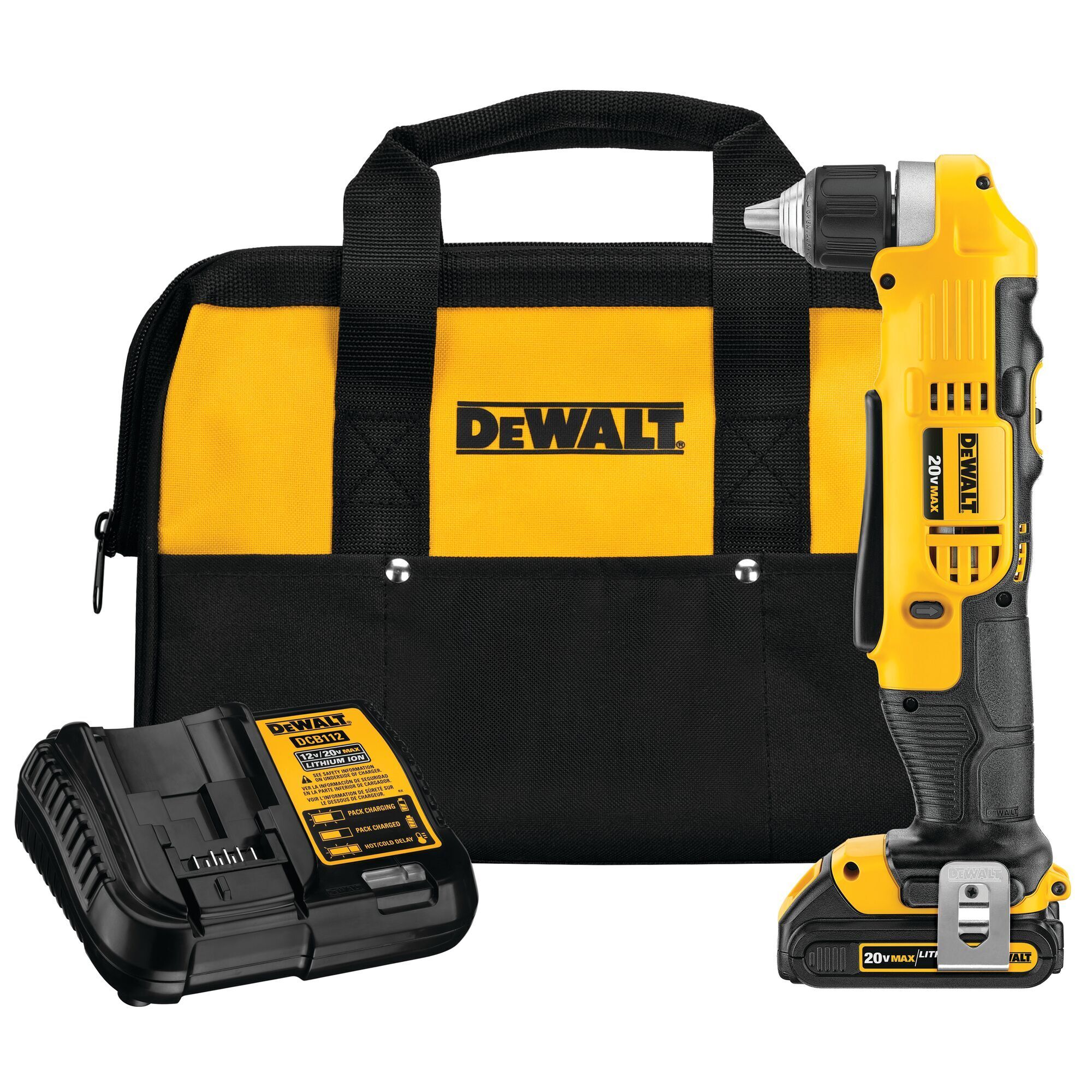 DeWalt 20V MAX Right Angle Cordless Drill/Driver Kit — 3/8in., 1.5Ah, Dual-Speed, Model# DCD740C1